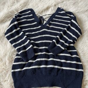 Dynamite Navy and Cream Striped V-Neck Sweater